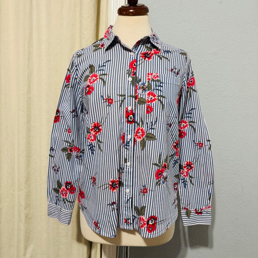 Liz Claiborne Petite M Floral Shirt 100% Cotton Blue Striped Button Down Preppy